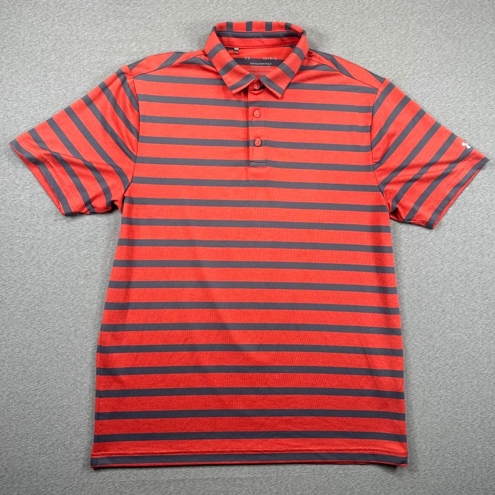 Under Armour Playoff Polo Shirt Mens L Orange Grey Striped Golf Short Sleeve - Picture 2 of 9